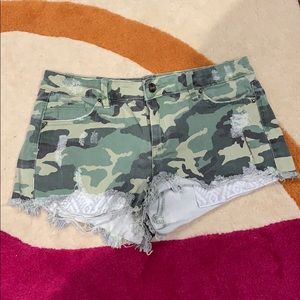 Camo denim shorts